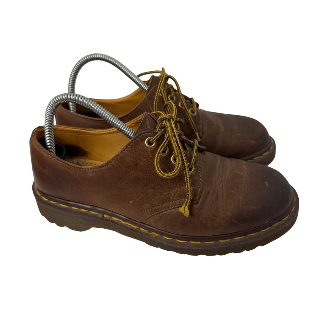 Dr. Martens Brown Leather Low Lace-Up Shoes with Yellow Stitching